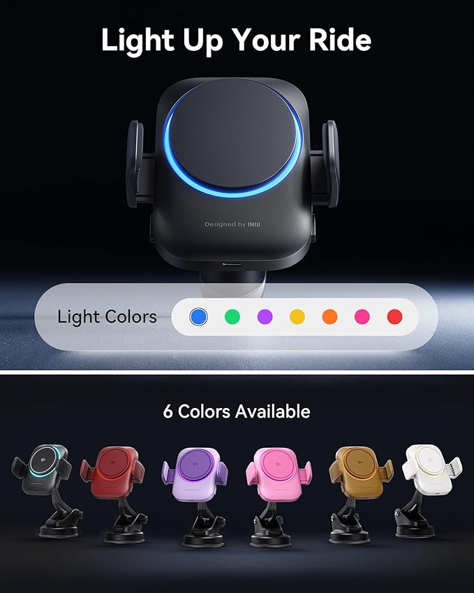 INIU Qi2 Certified 15W Car Phone Holder Wireless Charger, Ultra-Stable 22N for MagSafe Car Mount Charger with Cooling Fins & RGB Lighting Only for iPhone 16/15/14/13/12 Series, Pink
