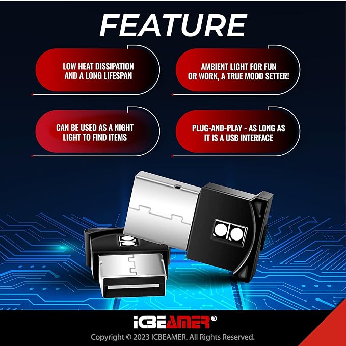 ICBEAMER Mini Smart USB Type-A 2-Pack (Green) | LED Night Light for Car Interior, Trunk, Center Console, Easy Plug-in, Enhance Automotive Ambiance, Perfect for Night Use