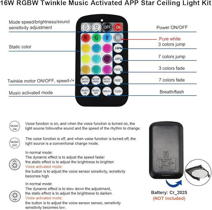 AKEPO 16W Small Size Twinkle Fiber Optic Lights Kit, Music Activated 550 Strands 9.8ft/3m 0.03in Optical Fiber APP+RGBW Star Ceiling Light Kit for Car Headliner Starlight/Home