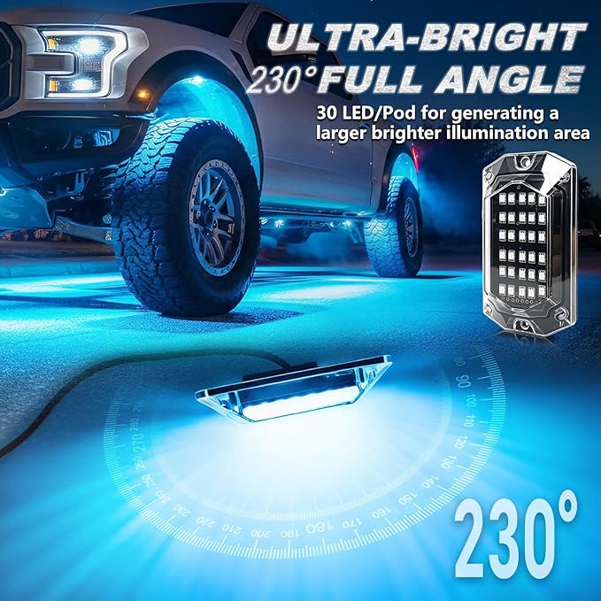 12Pods Full Angle RGB LED Rock Lights Kit for Trucks Pickup Jeep UTV ATV SXS Off-Road, 360Chip Waterproof Multicolor Underglow Light with APP/RF Remote, Pre Wired 12V Underbody Accent Light Dual Zone