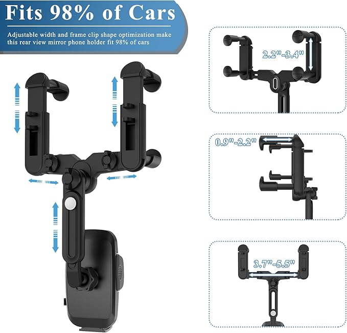 Phone Mount for Car, Rear View Mirror Phone Holder, Rotatable and Retractable Car Phone Holder Mount Rearview Mirror Phone Holder for Car Compatible with iPhone Samsung Cell Phones (Blue)