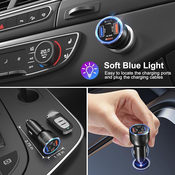 USB C Car Charger, Bangfun 65W 4-Port Dual 12V USB Car Power Charger PD&QC3.0 Fast Charging Cigarette Lighter Adapter Plug for iPhone 17 16 15 Pro iPad Air Samsung S25+5ft Type C Coiled Cable (Black)