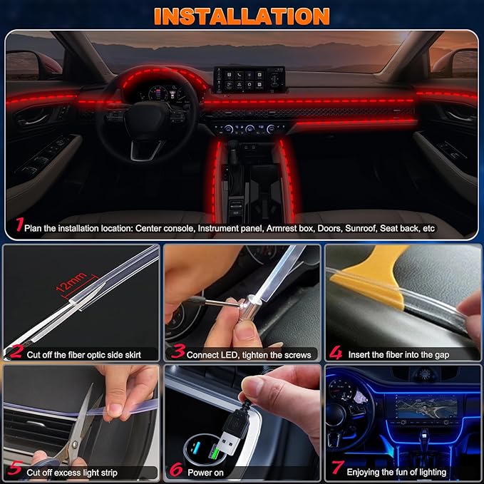 Jushope Car LED Lights, Interior Car Lights with Wireless APP/RF Remote/Button Control, Car Ambient Lighting Kit with 315" Integrated Molding Fiber Optic RGB Sync to Music (6 in 1-USB)