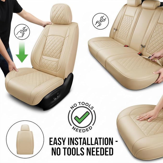 Fit for Equus Seat Covers Compatible with Hyundai Equus 2011-2016 - Waterproof Breathable Leather Automotive Seat Cushions Protector,Airbag Compatible,Full Set 5 Seats(Beige)