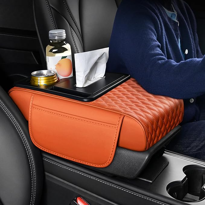 Car Center Console Armrest Pad, Arm Rest Box Cushion with Ergonomic Height Boost, Storage Pockets, Built-in Tissue Box, Cupholder, Fit for Most Sedan Vehicles (Embroidery Water Ripple, Coffee)