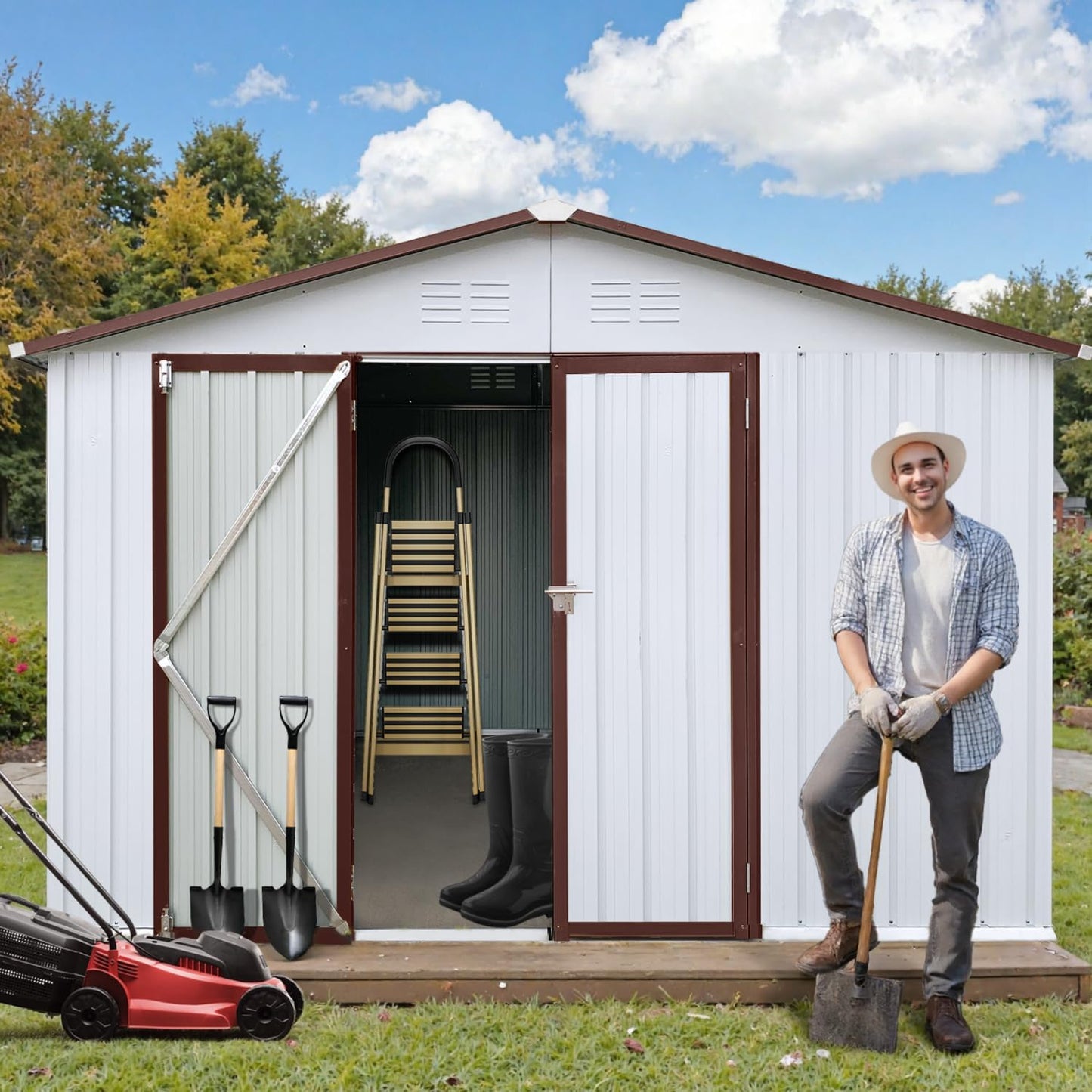 10 x 12 FT Outdoor Storage Metal Shed, Garden Bike Shed with Slooping Roof, Lockable Doors and Windows, All-Weather Tool Shed Easy to Assemble for Backyard, Patio, Lawn, White