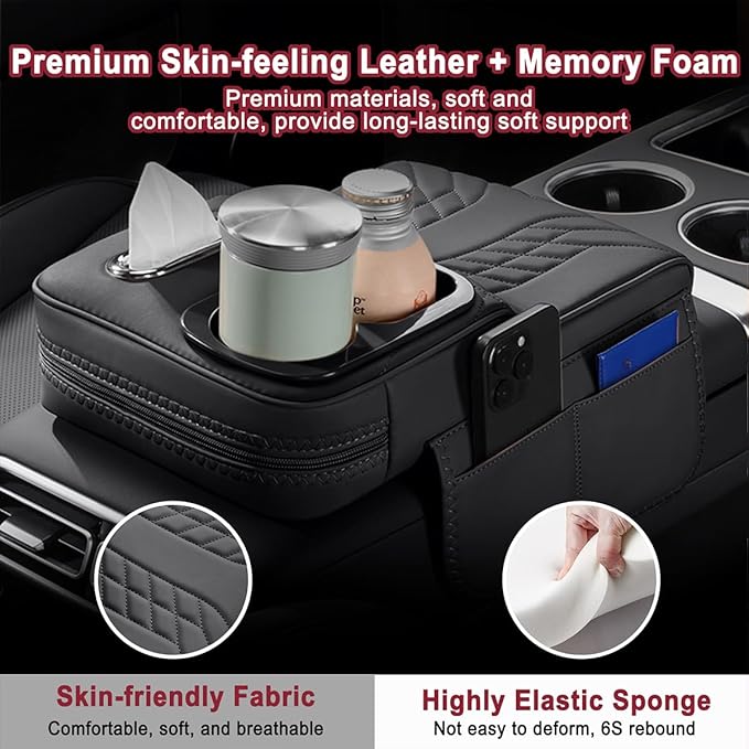 Car Armrest Storage Box for Infiniti QX60 2013–2025 2020 2021 2022 2023 2024, Sport-Style Center Console Organizer with Side Pocket, PU Leather Armrest Cushion, Elbow Support Pad,A Black