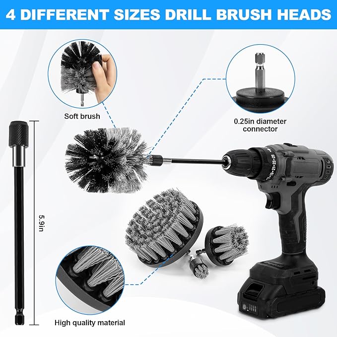 THINKWORK Car Detailing Kit, Car Detailing Brush Set, Car Cleaning Drill Brush Kit with Extension Pole, Professional Auto Detailing Supplies for Automobile Interior Exterior Wheels