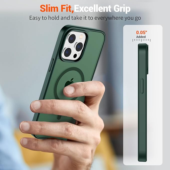 SUPFINE Magnetic for iPhone 15 Pro Max Case (Compatible with MagSafe) (Military Grade Drop Protection) Slim Translucent Matte Shockproof with Anti-Fingerprint Phone Case, Forest Green