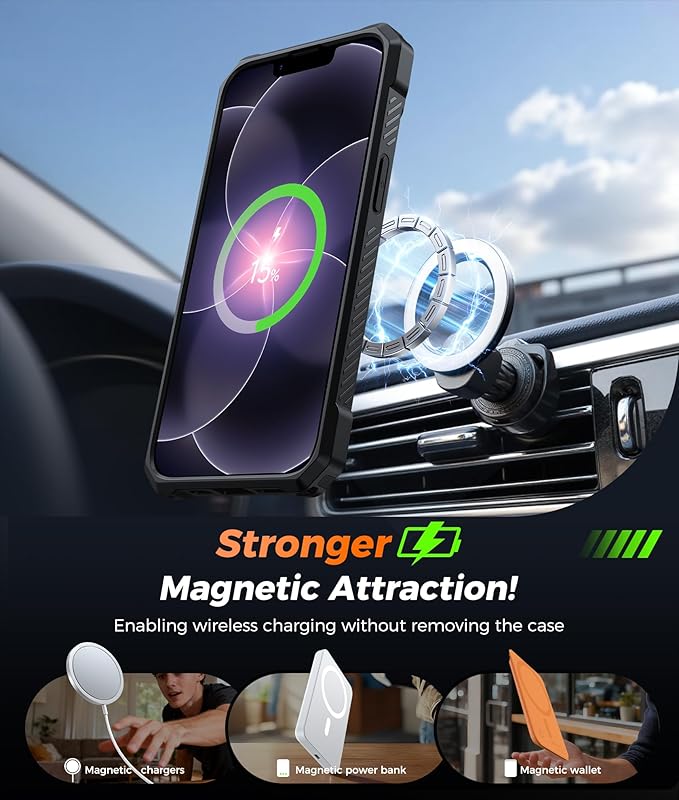 FNTCASE for iPhone 17e Phone Case: for iPhone 16e Case with [360 Spin Magnetic Ring Kickstand] [Compatible for MagSafe] [Screen Protector] Heavy Duty Military Grade Protection Case Translucent Black