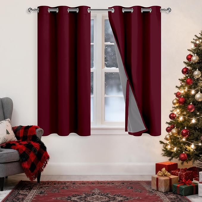 XWZO Full Shading Blackout Curtains 54 Inches Length - Heat and Light Blocking Ring Top Window Drapes with Black Liner Backing for Bedroom Sewn with Tiebacks, Burgundy, W38 x L54, Set of 2 Panels