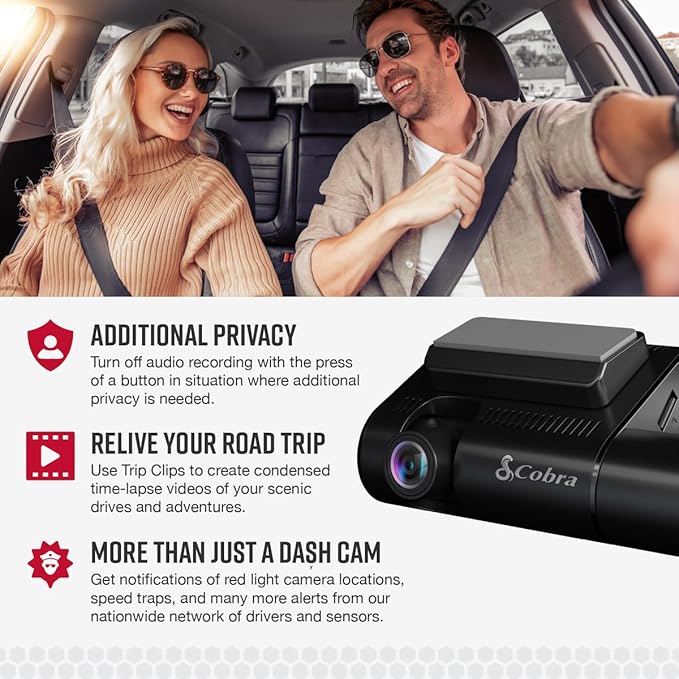 Cobra SC 220C Smart Dash Cam + Cobra 2.5A DIY Hardwire Kit - OBDII Port to USB-C/Micro-USB with 15ft Cable
