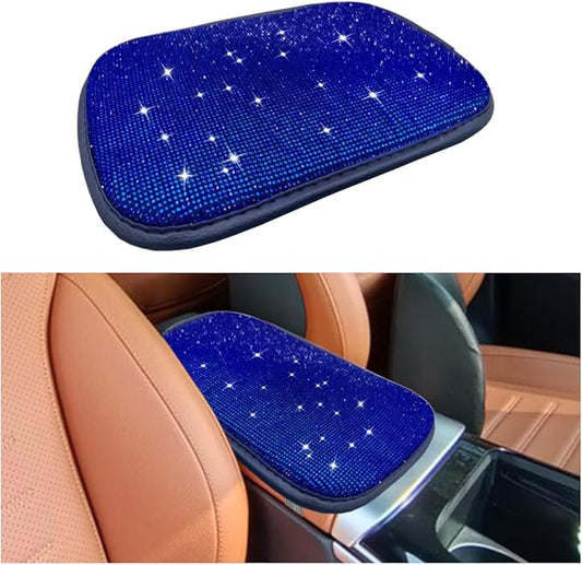 11.9''×8.4'' Bling Car Center Console Cover, Crystal Diamond Elbow Pillow Car Armrest Seat Box Cover, Soft Arm Rest Protective Cushion Pad for Women Girls, Auto Interior Decor for Car SUV (Blue)
