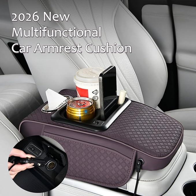 2026 Upgraded Car Center Console Cushion with 30w USB& Type-C Charging Ports, Leather Car Armrest Pad Cover, Interior Accessories for Most Vehicles (Ergonomic Sloped Version, Black)
