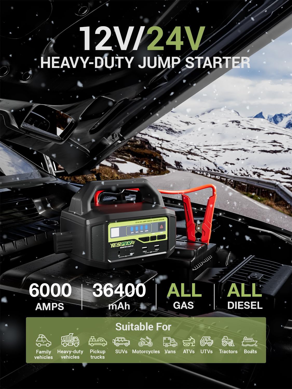 YESPER 12V/24V Car Jump Starter, 6000A Peak 5.1 lbs Portable Jump Starter Battery Pack Quick Charge with AC Adapter 36400mAh Battery Booster Pack (Up to All Gas/Diesel Engine) Jumper Box