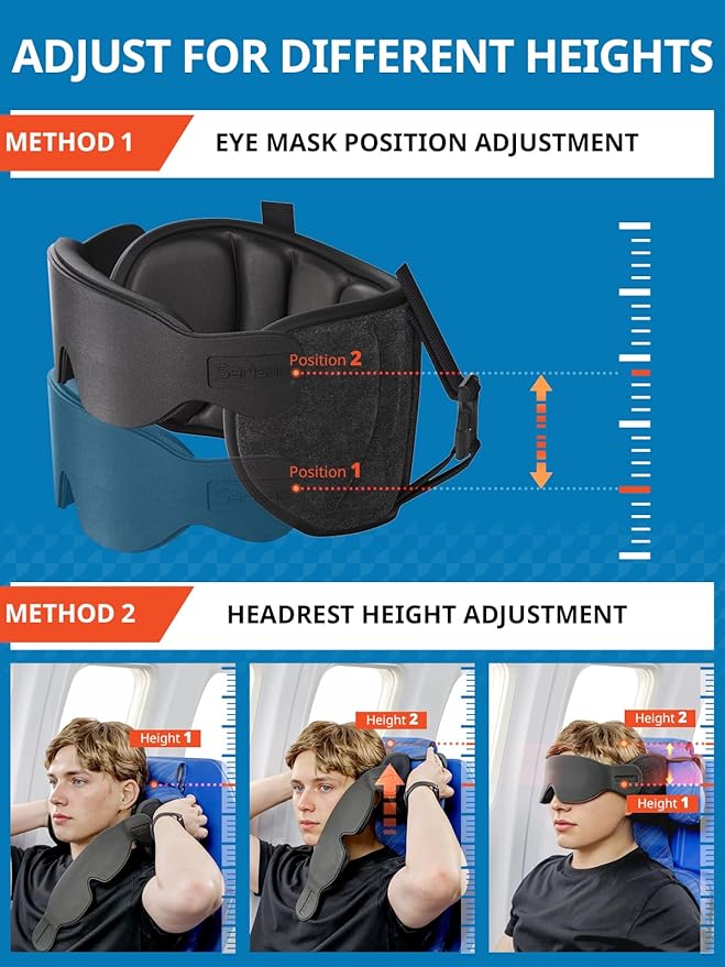 Travel Pillows for Airplanes, Airplane Pillow for Long Flight Car Road Trip, Airplane Head Strap with Sleep Eye Mask, 360° Support Headrest, Stop Bobblehead Travel Neck Pillow, Mottled Red