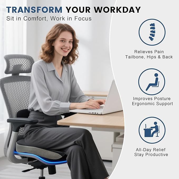 Seat Cushion for Office Chair, Wedge Car Seat Cushion, Memory Foam Truck Seat Cushion for Sciatica Tailbone Pain Relief, Long Driving, Coccyx