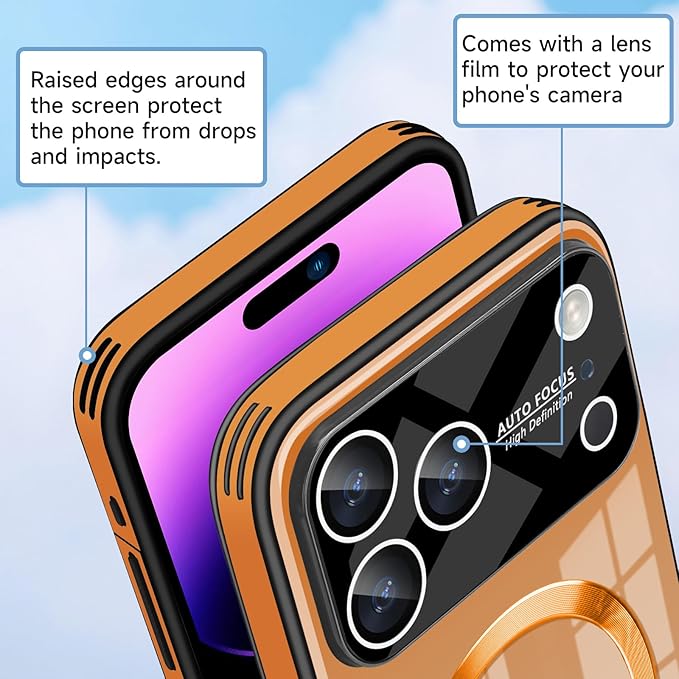 Guppy Compatible with iPhone 17 Pro Magnetic Case, with Full Camera Lens Protector [Compatible with MagSafe] Scratch Resistant Gradient Glass Back Cover Phone Case-Orange