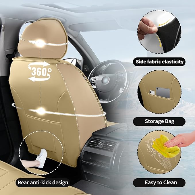Fit HRV Car Seat Covers Compatible with Honda HRV 2016-2025 2026, Premium Leather Breathable, Wear Resistant, Airbag Compatible, All-Weather Protection & Full Coverage, 2 Front Seat Beige
