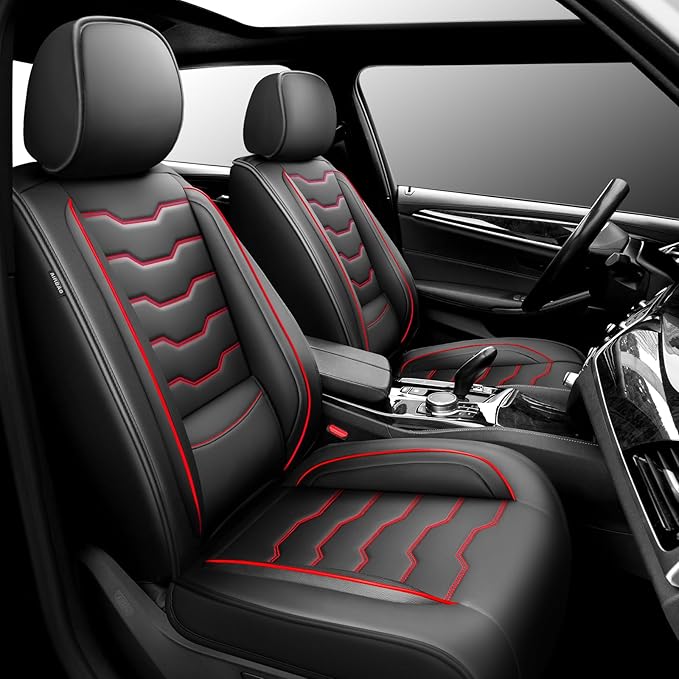 Fit Sentra Car Seat Covers Compatible with Nissan Sentra 2001-2025 2026 - Premium Leather，Waterproof Breathable，All-Weather Seat Cushion Protecto&Airbag Compatible (2 Front Seat Red Line Black)