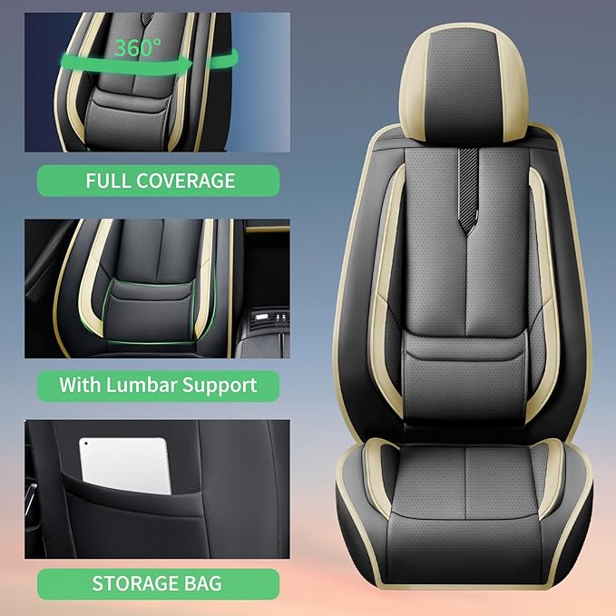 Fit Accent Car Seat Covers for Hyundai Accent 2006-2025 2026 -Upgraded Premium Waterproof & Breathable Leather,Airbag Compatible,All-Weather Seat Cushion Protector,Full Set,Black-Beige