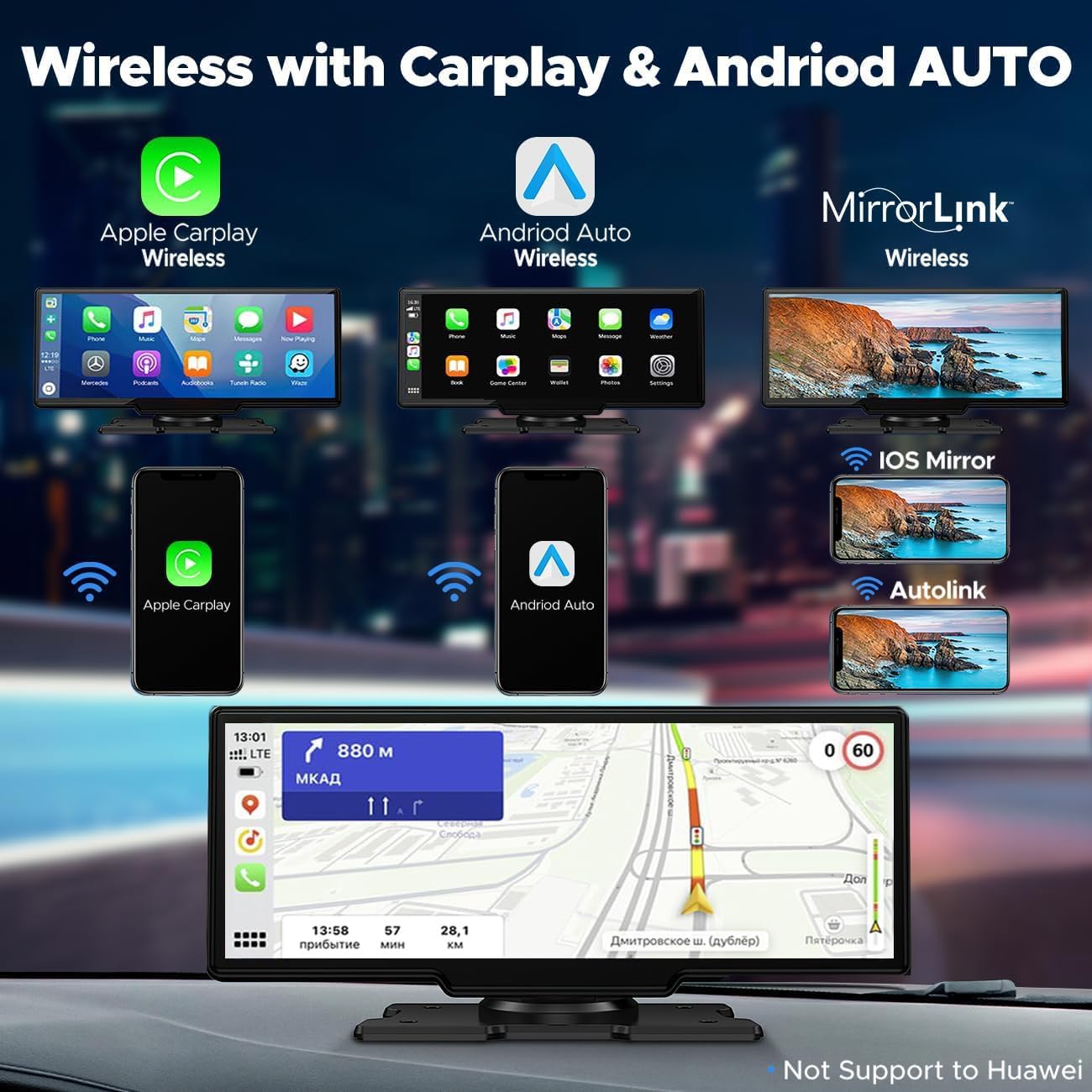 LAMTTO 9.26" Wireless Carplay and Android Auto with 2.5K Dash Cam, 1080P Backup Camera, Portable Touchscreen GPS Navigation for Car, Car Stereo Receiver with Bluetooth,AirPlay,AUX,FM,Googel,Siri