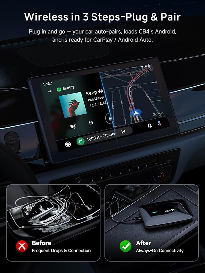 Wireless CarPlay & Android Auto Adapter, Supports for Netflix/YouTube, AI Box Carplay, Drivechat with AI Skills, Dual WiFi, Bluetooth, Fits for OEM Wired CarPlay Cars