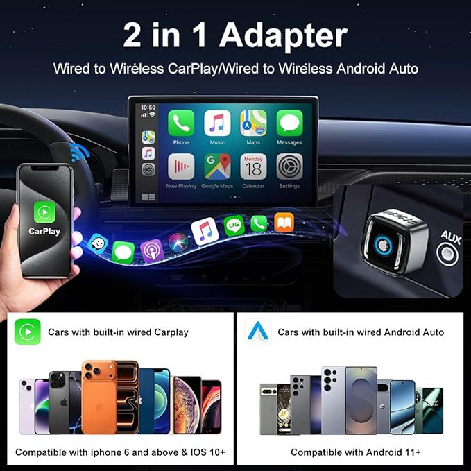 Car Play Wireless Adapter for Apple iPhone iOS 10+ & Cars from 2015+ Android 11+ Android Auto, Plug & Bluetooth Connect 2-in-1 Adapter Convert Wired to Wireless Dongle carplay (Metal Black)