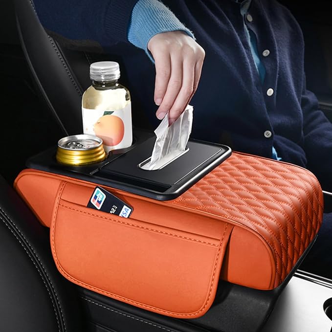 5-in-1 Car Armrest Pad Cushion, Water Ripple Embossed Center Console Booster Pad with Tissue Box, Cup Holder, Storage Bag, Phone Slot, Fit for Most Sedan Vehicles (Water Ripple Series, Beige)