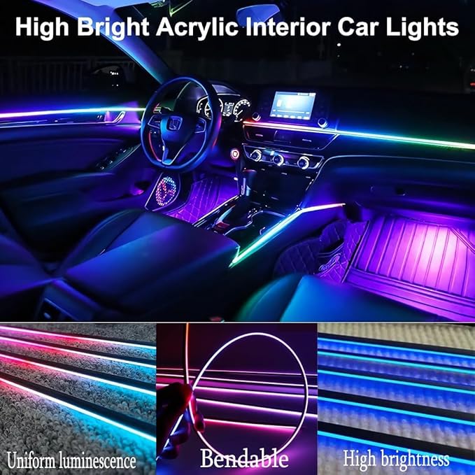 Acrylic Interior Car LED Strip Light with APP Remote Control,57in 2 in 1 USB RGB Dreamcolor Neon Flexible Strip Fiber Optic LED Ambient Lighting Kits,RGB Music Lights Sync for Inside car Decorations