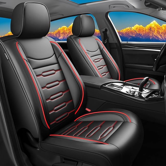Fit Santa Cruz Car Seat Covers for Hyundai Santa Cruz 2022-2025 2026-Upgraded Premium Waterproof & Breathable Leather,Airbag Compatible, All-Weather Seat Cushion Protector (Full Set,Black+Red)