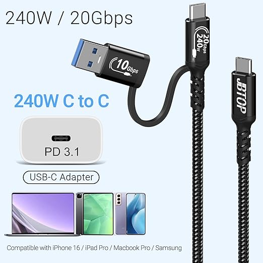 2-in-1 Android Auto USB C Cable 1.5ft[2Pack], USB-C 240W Fast Charging 10Gbps Superspeed Data Transfer Cable, Compatible with iPhone 16 15 Pro Max, Galaxy S23, Pixel 9 Pro XL