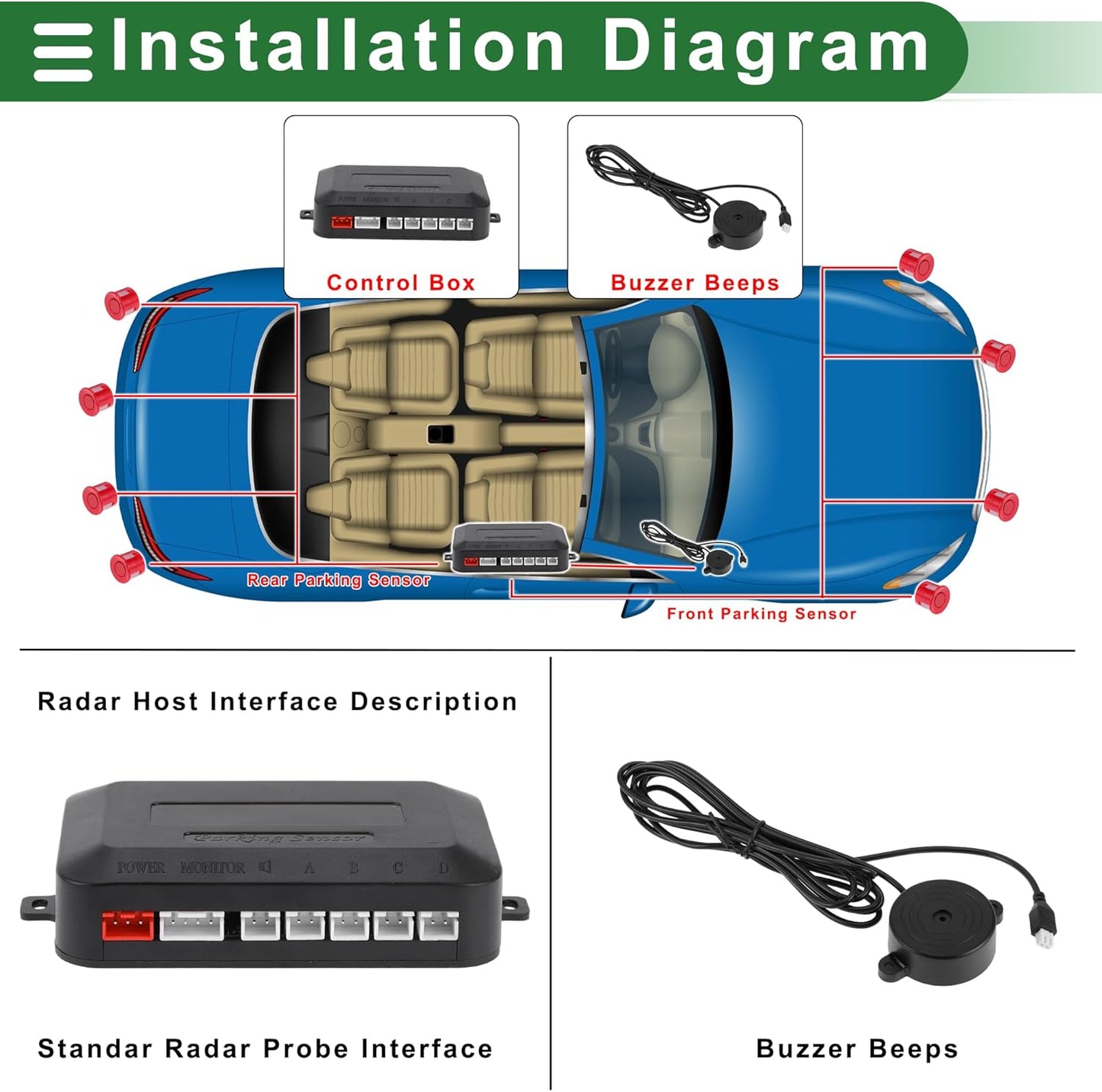 Motoforti Universal Car Auto Vehicle Reverse Backup Radar System Reverse Parking Sensors Alarm Buzzer Reminder Distance Detection Red 2 Parking Sensors
