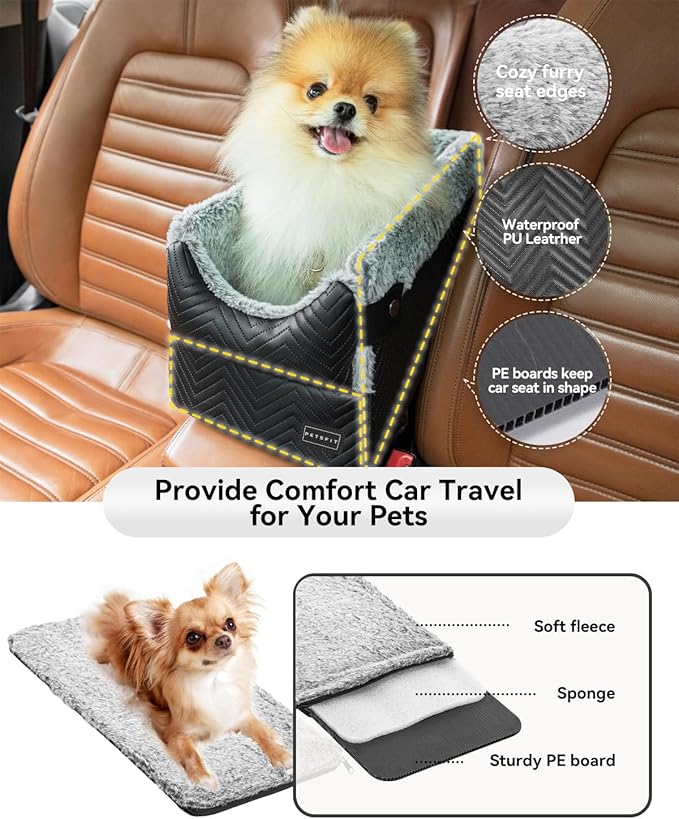 PETSFIT Center Console Dog Car Seat with Safe Protection Hooks, Pet Car Seat with Upgraded Safety Tethers, Washable Cushion, Console Dog Car Seats for Small Dogs Up to 8 Lbs(Black)