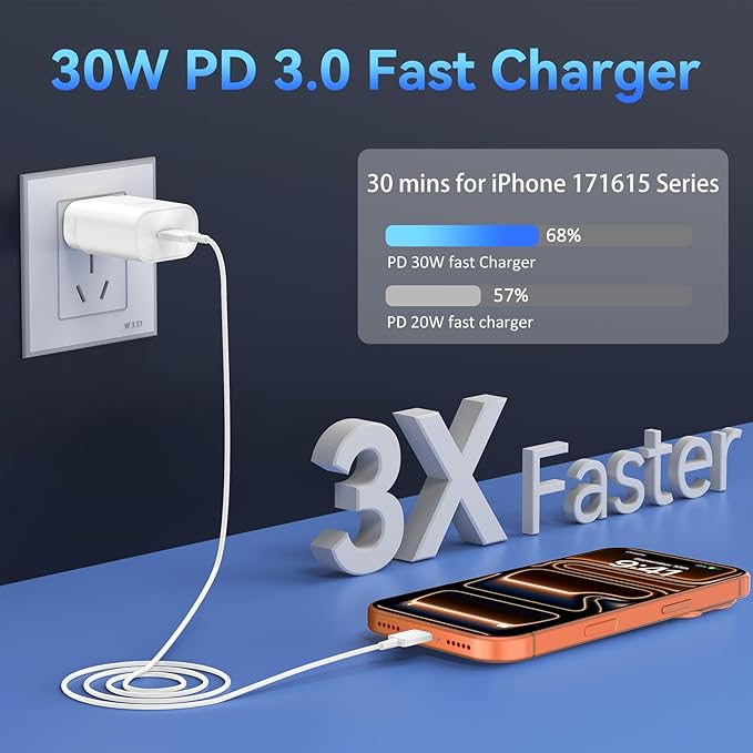 Phone 17 16 15 Charger Fast Charging,30W USB C Phone 17 16 15 Pro Max Charger Block & 12FT Long Type C Cable Cord for i.Phone 17/17 Air/17Pro/17Pro Max/16/16Pro/16 Pro Max/15/15 Pro Max,White