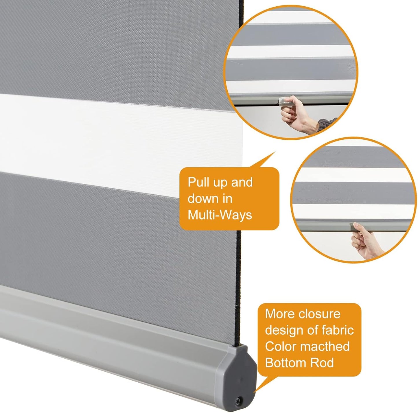 Persilux Cordless Zebra Blinds for Windows Free-Stop Roller Windows Shades (23" W X 64" H, Grey) Dual Layer Light Control for Day and Night, Light Filtering Sheer Shades for Home