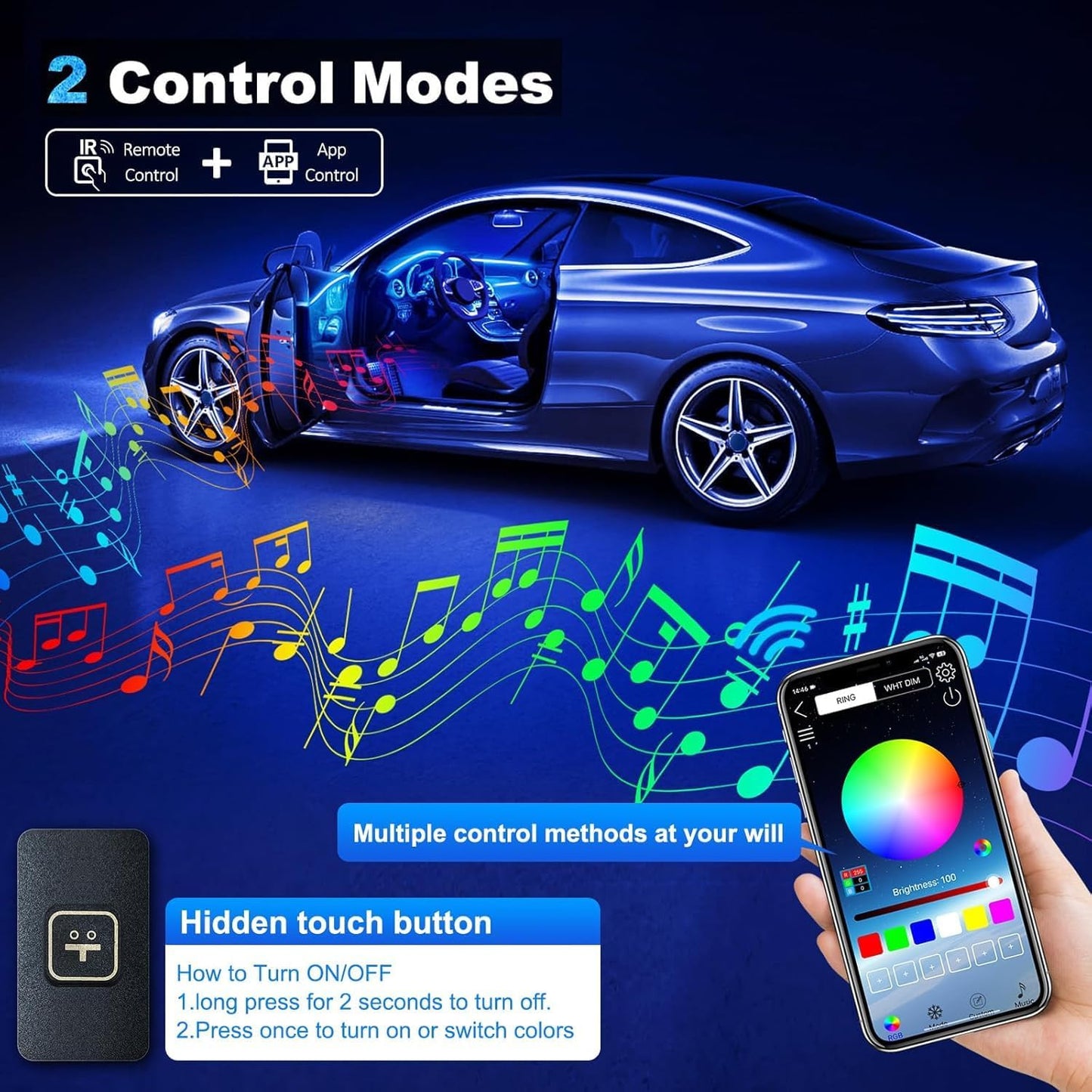 Acrylic Interior LED Strip Light With Wireless APP, RGB 18 in 1 With 175 Inches 600 LEDs Fiber Optic Ambient Lighting Kits for Car, 16 Million Colors Sound Active Function