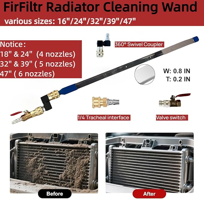 16" Radiator Cleaning Wand,Water and Air Dual-Use Cleaner Wand 4500 PSI Pressure Washer Tool for Car Radiator Flush and Washable Air Filter with 360° Swivel Quick Coupler,Switch and Fitting