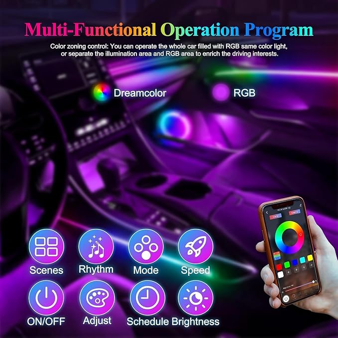 Acrylic Interior Car LED Lights with Wireless APP 6 in 1,Ambient Lighting Kits Fiber Optic Strip LEDs,16 Million Colors Music&DIY Function, Car Decorations Interior Accessories Gifts for Women Men