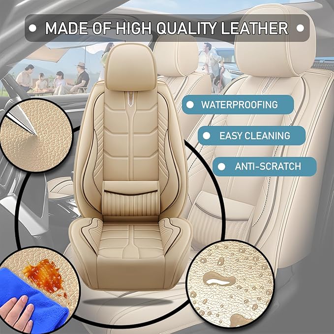 Leather Car Seat Covers Fit for Toyota Camry 2002-2024, 5 Seater Car Seat Cover, Premium Waterproof, Scratch Resistant Car Interior Accessories (Full Set Beige)