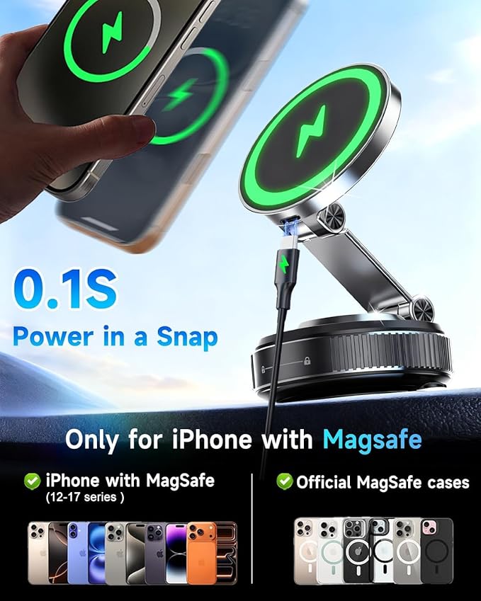 Vacuum Magnetic Phone Holder‌ - 360° Adjustable ‌Magsafe Car Mount‌, Foldable ‌Car Phone Holder‌ with Strong ‌Suction Cup Mount‌