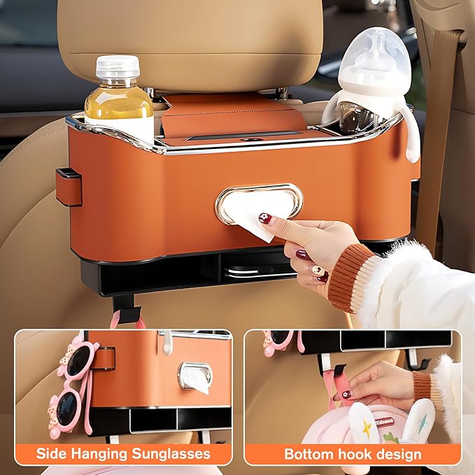 Multifunctional Car Seat Back Storage Box, Universal Car Seat Organizer, Car Seat Tissue Box and Organizer, Car Seat Paper Towel Organizer， Car Organizer with 2 Drink Cup Holders (Orange)