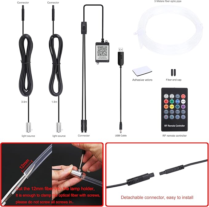 USB Car Ambient Lighting Optic Fiber 64 Colors Music Sound Active with APP Control Car Decorative Atmosphere Lighting Kit DC 12V 1W 3m