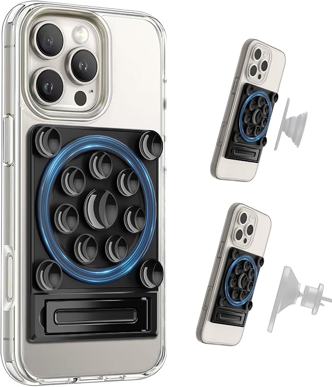SEMBO Silicone Suction Phone Case Adhesive Sticky Grip Stand with Mag-Back for MagSafe Car/Wall Mounts, Strong Magnetic Holder for Fridge, Gym Equipment, Shower, Hands-Free Selfie (Black, Magnetic)