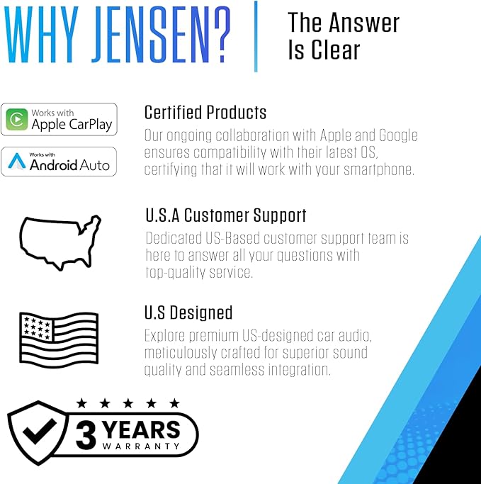 JENSEN J1CA7 7-inch Certified Apple CarPlay Android Auto | Double DIN Touchscreen Car Stereo Radio | Bluetooth Hands Free Calling & Music Streaming | Backup Camera Input | USB Playback & Charging