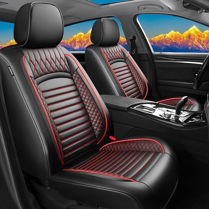 Fit Legacy Car Seat Covers for Ford Legacy 2008-2024 2025 2026 - Upgraded Premium Waterproof & Breathable Leather, Airbag Compatible, All-Weather Seat Cushion Protector (2 Front/Black+Red)
