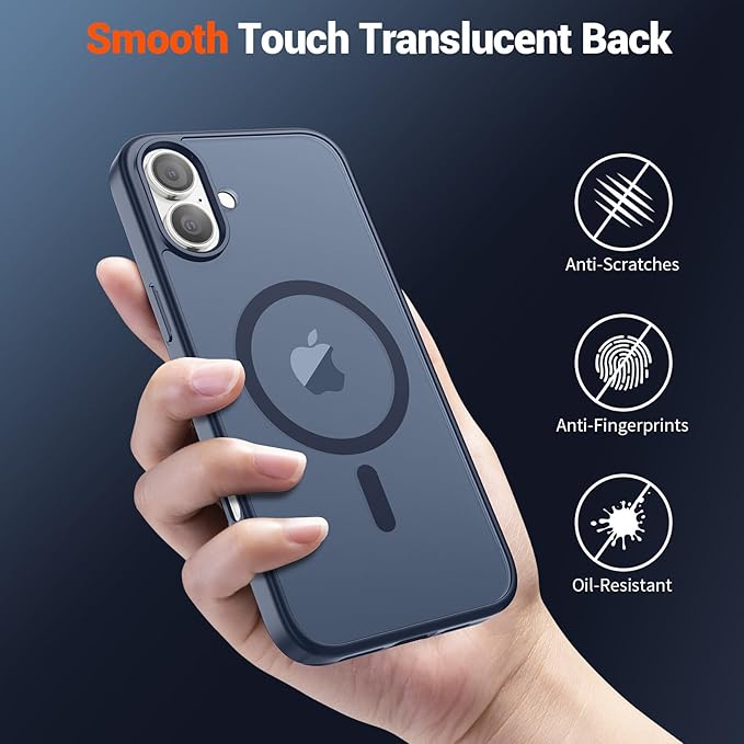 SUPFINE Magnetic for iPhone 16 Case with Screen Protector (Compatible with MagSafe) (Military Grade Drop Protection) Translucent Matte Shockproof Phone Cover,Dark Blue