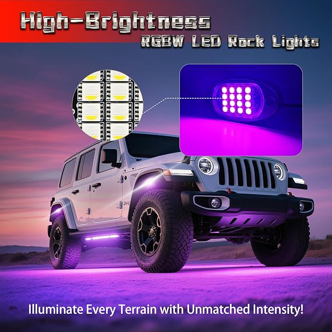 6 Pods RGBW LED Rock Lights for ATV UTV Golf Cart RZR SXS Truck Jeeps Off Road, Waterproof Multicolor Neon Underglow Kit with APP/RF Remote Control&Brake Red Function,12V Pure White Underbody Lights
