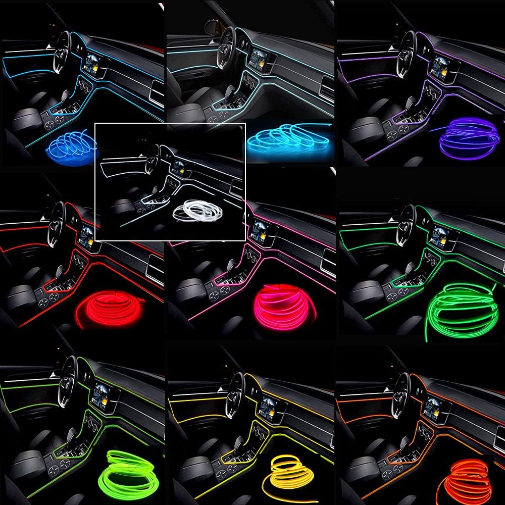 El Wire Green Interior Car LED Strip Lights, 5M Neon Wire USB 5V with Fuse Protection for Automotive Interior Decoration, with 6mm Sewing Edge