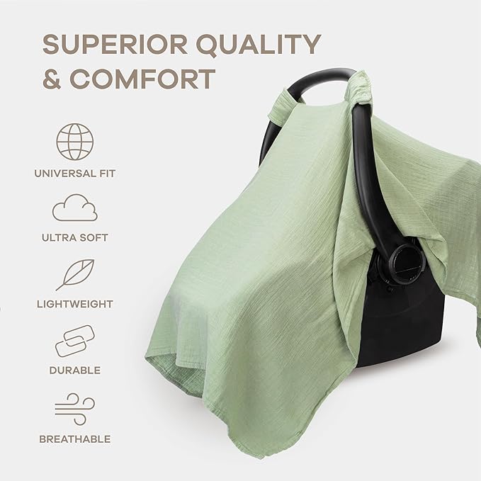 Comfy Cubs Baby Car Seat Cover - Soft, Breathable Bamboo Rayon and Muslin Cotton Blend - Lightweight Canopy for Sun, Bug, and Comfort Protection - Large Size Infant Seat Cover in Sage Design
